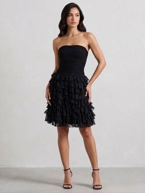 BCBGMaxAzria Black Strapless Ruffle Party Dress